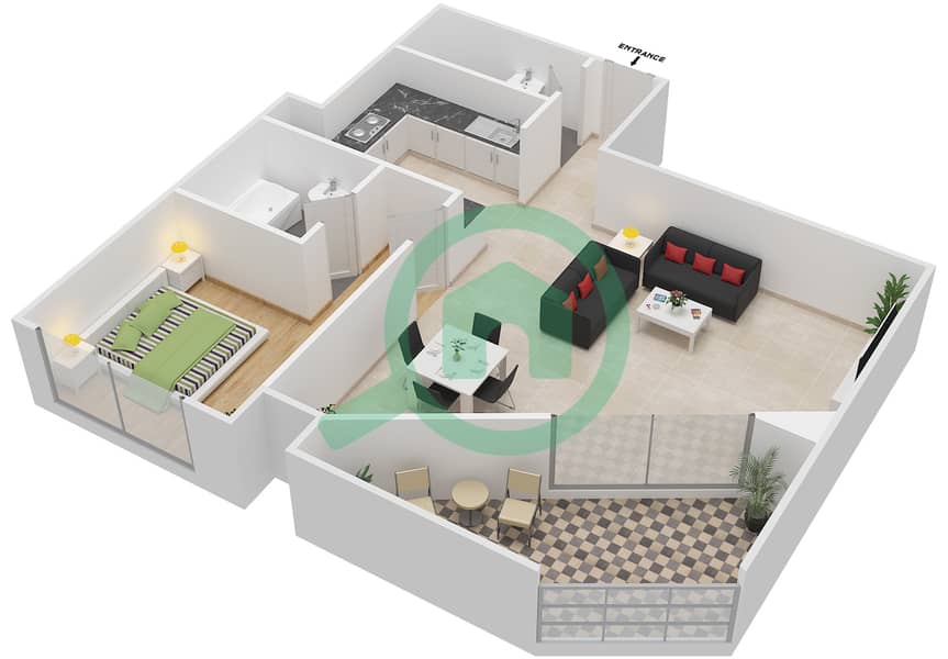 المخططات الطابقية لتصميم الوحدة 3 FLOOR 34 شقة 1 غرفة نوم - برجي interactive3D