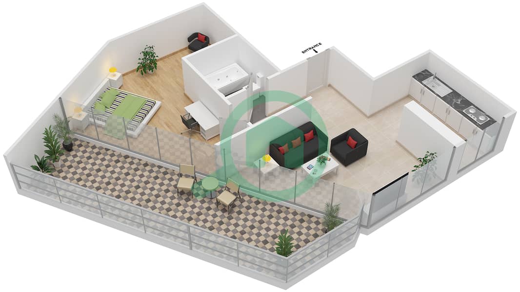 المخططات الطابقية لتصميم الوحدة 2 FLOOR 35 شقة 1 غرفة نوم - برجي interactive3D