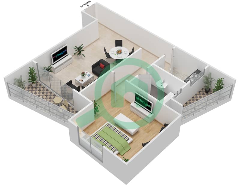 المخططات الطابقية لتصميم الوحدة 1,3,9,11 FLOOR 3-18 شقة 1 غرفة نوم - برجي interactive3D