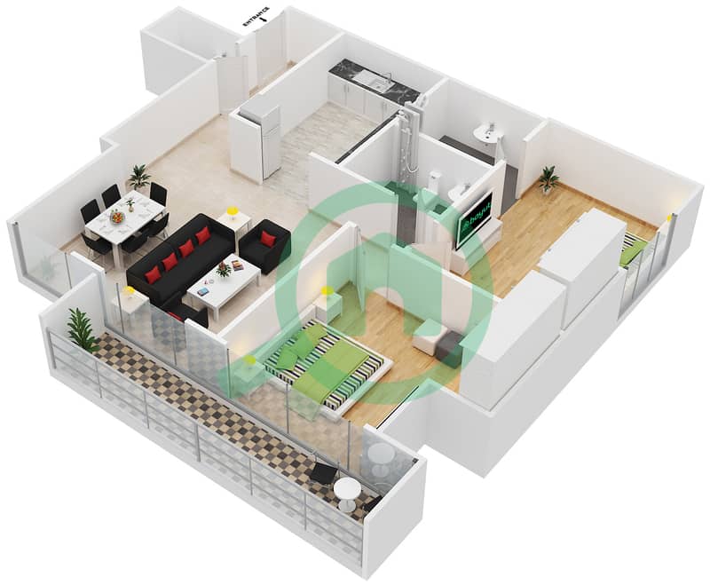 المخططات الطابقية لتصميم الوحدة 507 شقة 2 غرفة نوم - برج مارينا أركيد interactive3D