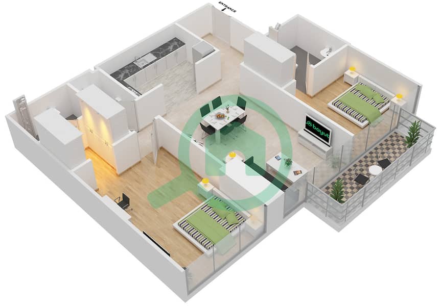 المخططات الطابقية لتصميم الوحدة 606 شقة 2 غرفة نوم - برج مارينا أركيد interactive3D