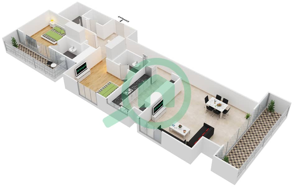المخططات الطابقية لتصميم الوحدة 605 شقة 2 غرفة نوم - برج مارينا أركيد interactive3D