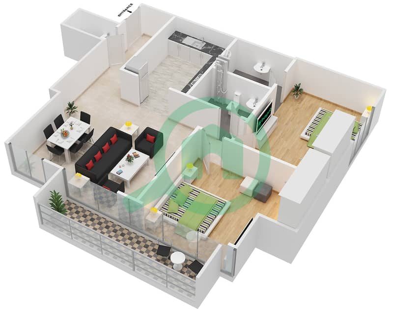 المخططات الطابقية لتصميم الوحدة 607 شقة 2 غرفة نوم - برج مارينا أركيد interactive3D