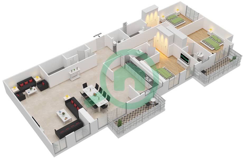 المخططات الطابقية لتصميم الوحدة 3604 شقة 3 غرف نوم - برج مارينا أركيد interactive3D