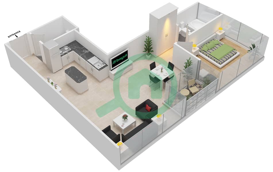 المخططات الطابقية لتصميم الوحدة 7,8 شقة 1 غرفة نوم - برج بانوراميك interactive3D