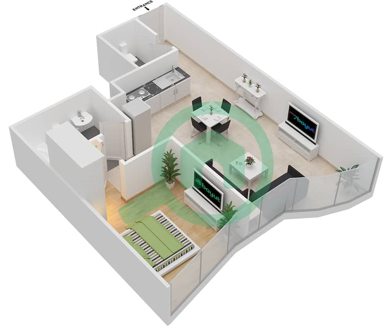 Панорамик - Апартамент 1 Спальня планировка Единица измерения 9,10 interactive3D