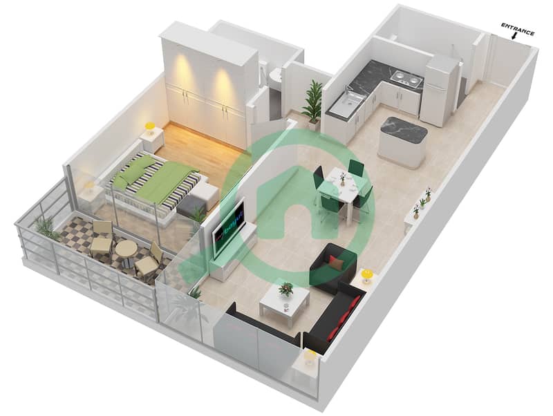 Панорамик - Апартамент 1 Спальня планировка Единица измерения 5,6 interactive3D