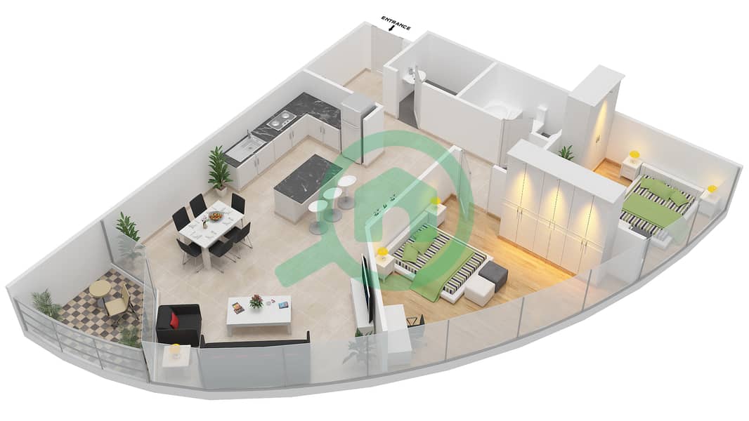 المخططات الطابقية لتصميم الوحدة 1,2 شقة 2 غرفة نوم - برج بانوراميك interactive3D