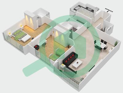 المخططات الطابقية لتصميم الوحدة 3 شقة 2 غرفة نوم - برج صحارى 2