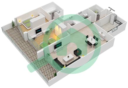 المخططات الطابقية لتصميم الوحدة 2 شقة 2 غرفة نوم - برج صحارى 3