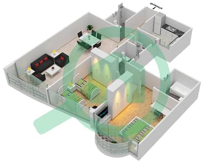 المخططات الطابقية لتصميم الوحدة 3A شقة 2 غرفة نوم - برج صحارى 3
