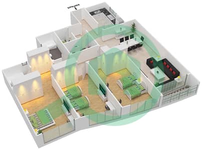 المخططات الطابقية لتصميم الوحدة 4 شقة 3 غرف نوم - برج صحارى 4