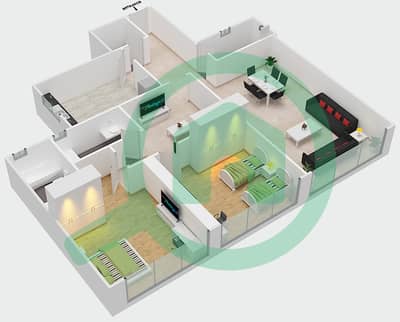 المخططات الطابقية لتصميم الوحدة 3 شقة 2 غرفة نوم - برج صحارى 6