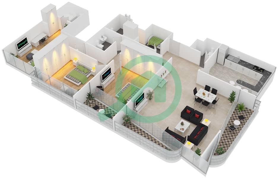 Марина Вью Тауэр А - Апартамент 3 Cпальни планировка Тип EO1 interactive3D