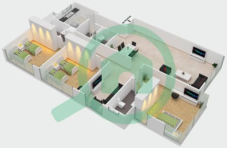 المخططات الطابقية لتصميم الوحدة 1 شقة 3 غرف نوم - برج صحارى 6