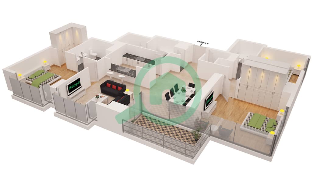 谢玛拉大厦 - 3 卧室公寓套房1 FLOOR 3-30戶型图 Floor 3-30 interactive3D