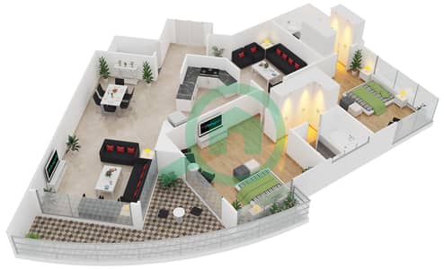 المخططات الطابقية لتصميم النموذج 1-B1 شقة 2 غرفة نوم - برج الأطلنطي