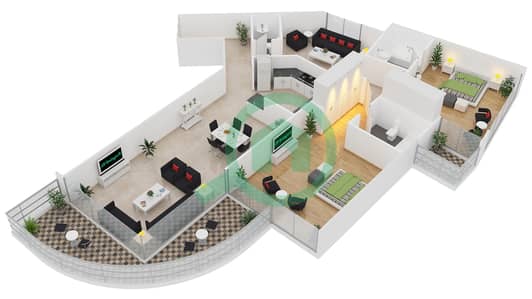 المخططات الطابقية لتصميم النموذج 1-A1 شقة 2 غرفة نوم - برج الأطلنطي