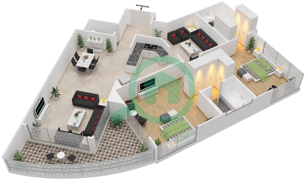 大西洋大楼 - 2 卧室公寓类型2-B1戶型图 interactive3D
