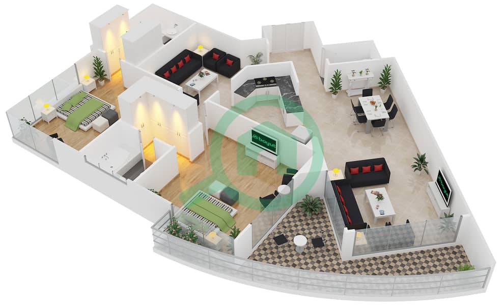 المخططات الطابقية لتصميم النموذج 1-B2 شقة 2 غرفة نوم - برج الأطلنطي interactive3D