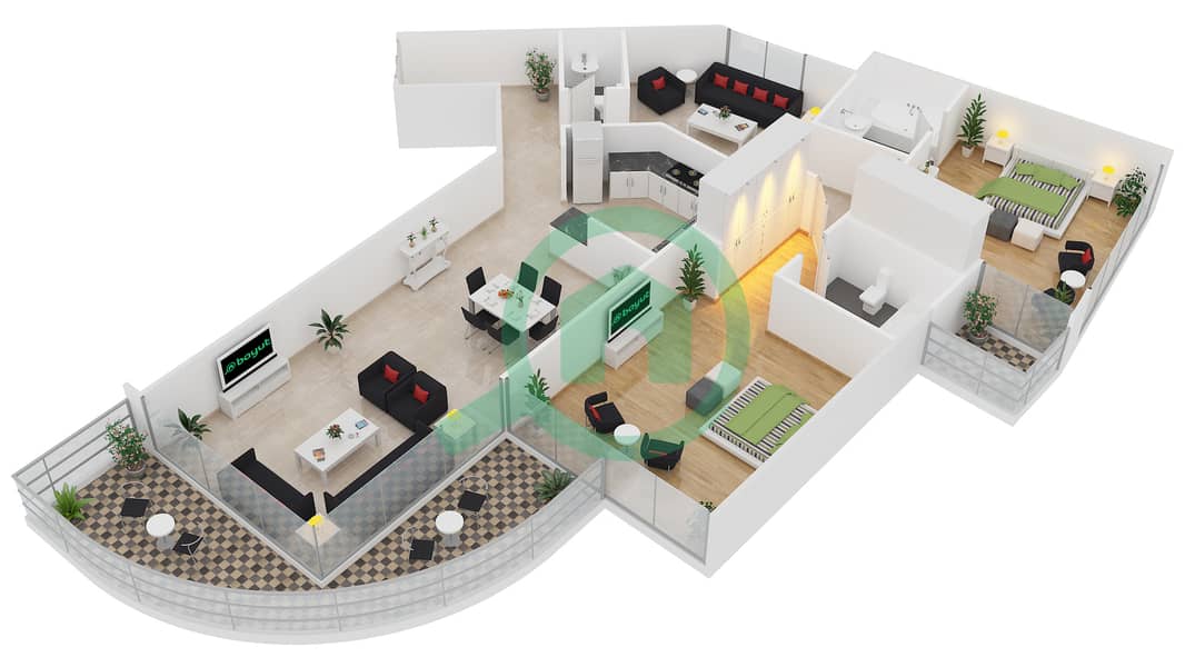 المخططات الطابقية لتصميم النموذج 1-A1 شقة 2 غرفة نوم - برج الأطلنطي interactive3D