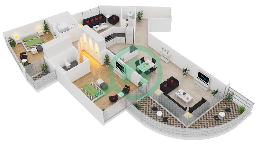 المخططات الطابقية لتصميم النموذج 1-A2 شقة 2 غرفة نوم - برج الأطلنطي interactive3D