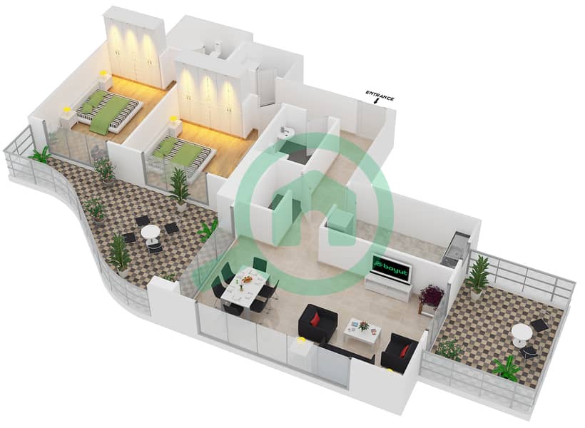 瀑布公寓大楼 - 2 卧室公寓类型5戶型图 interactive3D