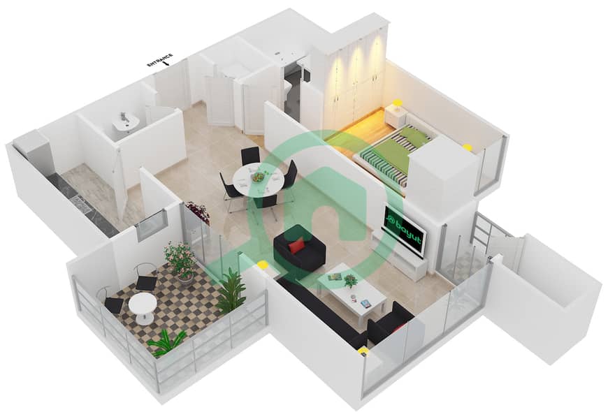 瀑布公寓大楼 - 1 卧室公寓类型3戶型图 interactive3D