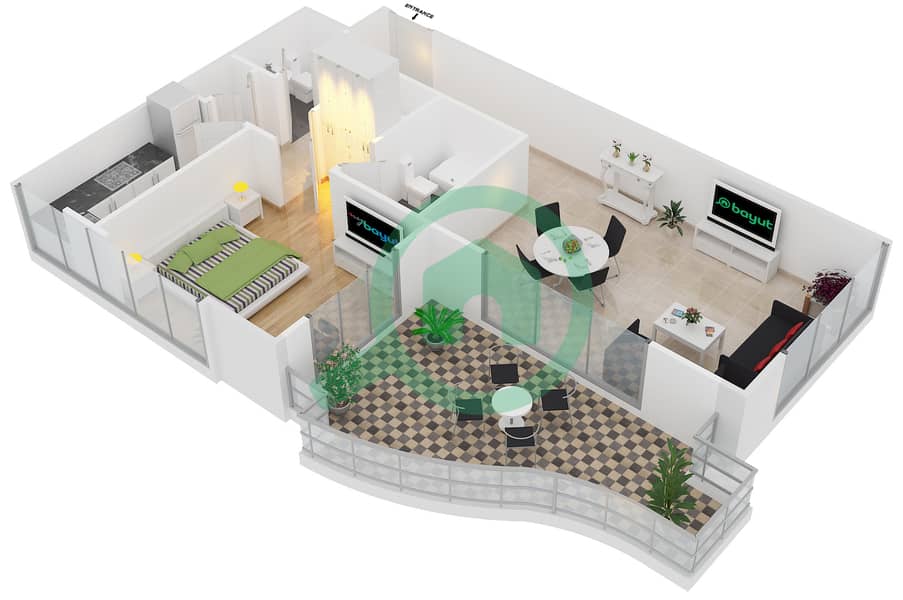 瀑布公寓大楼 - 1 卧室公寓类型2戶型图 interactive3D