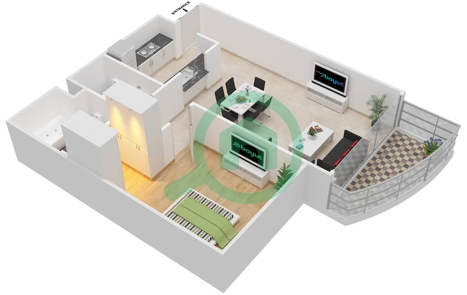 中心大厦 - 1 卧室公寓类型A戶型图 interactive3D