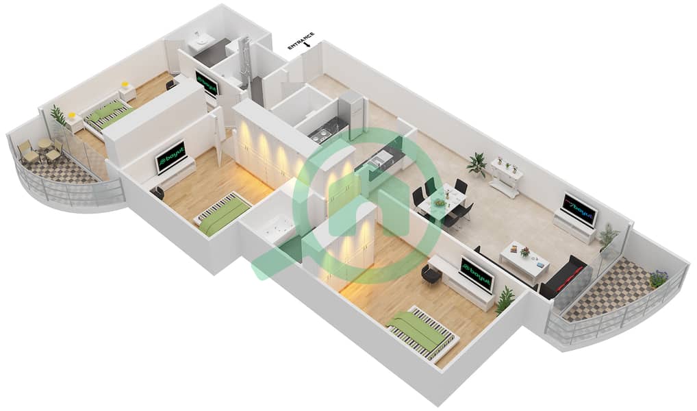 中心大厦 - 3 卧室公寓类型A戶型图 interactive3D