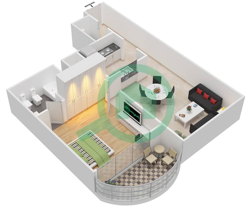 中心大厦 - 1 卧室公寓类型D戶型图 interactive3D