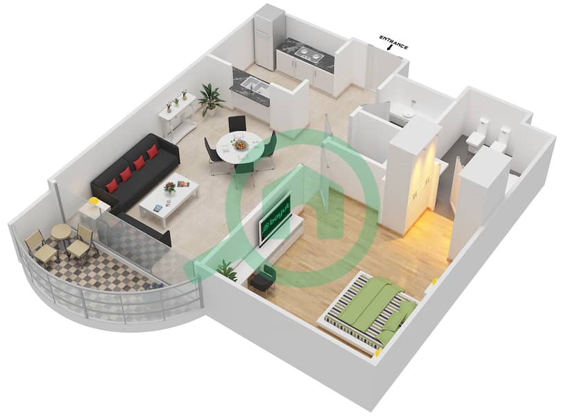 المخططات الطابقية لتصميم النموذج B شقة 1 غرفة نوم - ذا بوينت interactive3D