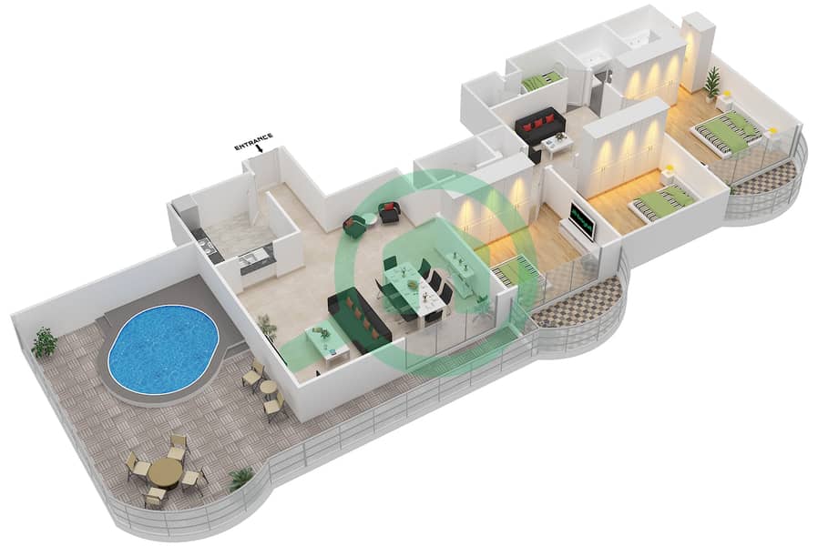 المخططات الطابقية لتصميم النموذج B شقة 3 غرف نوم - ذا بوينت interactive3D
