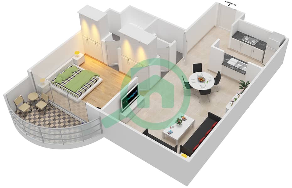 中心大厦 - 1 卧室公寓类型C戶型图 interactive3D