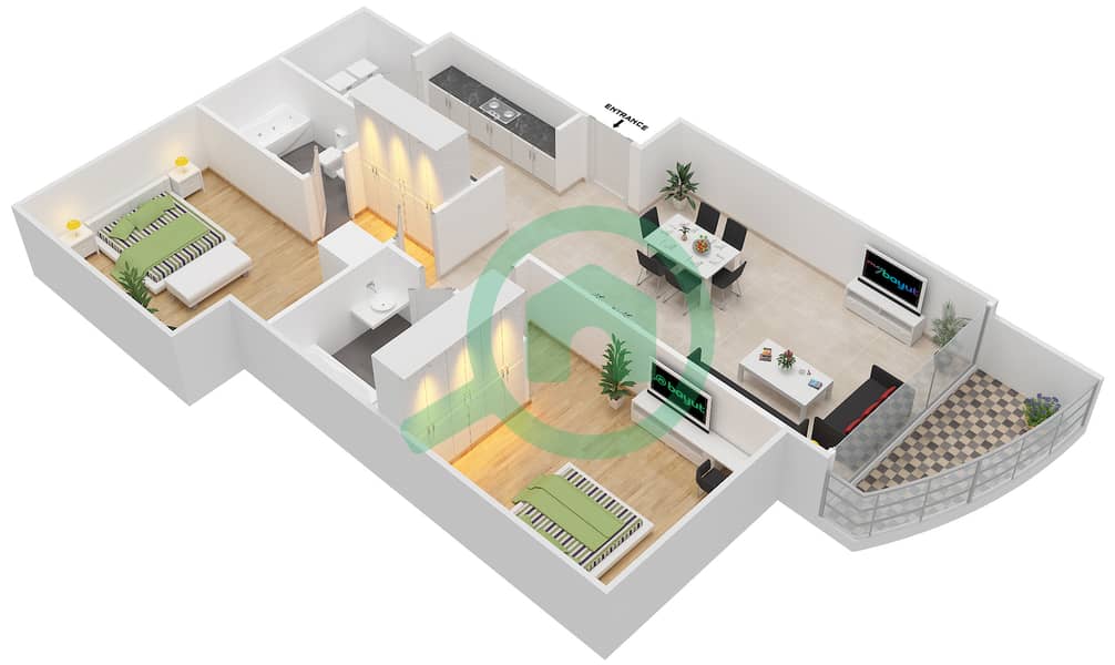 المخططات الطابقية لتصميم النموذج B شقة 2 غرفة نوم - ذا بوينت interactive3D