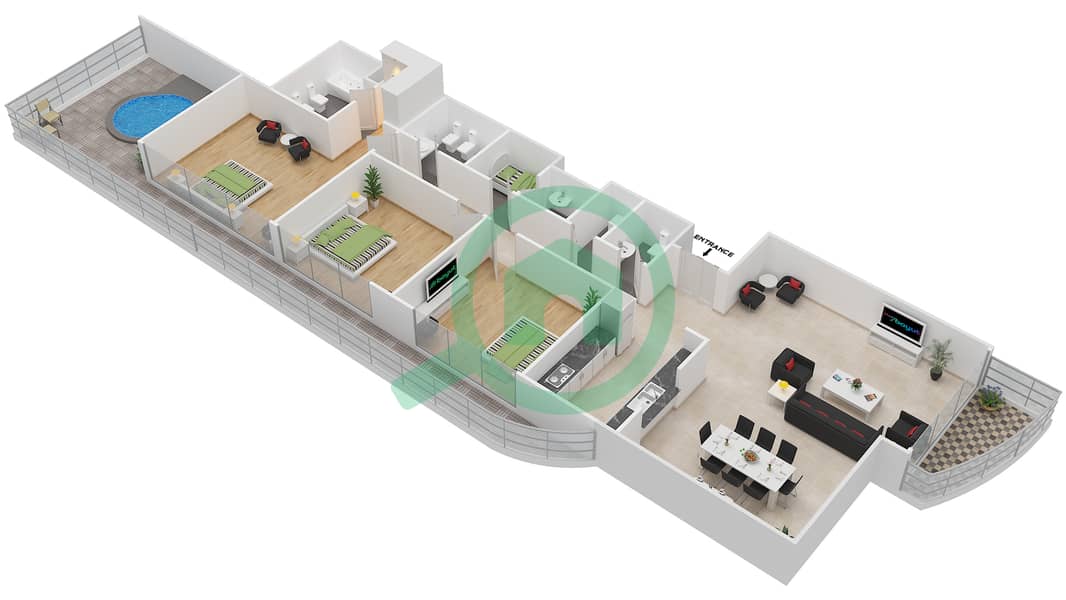 中心大厦 - 3 卧室公寓类型C戶型图 interactive3D