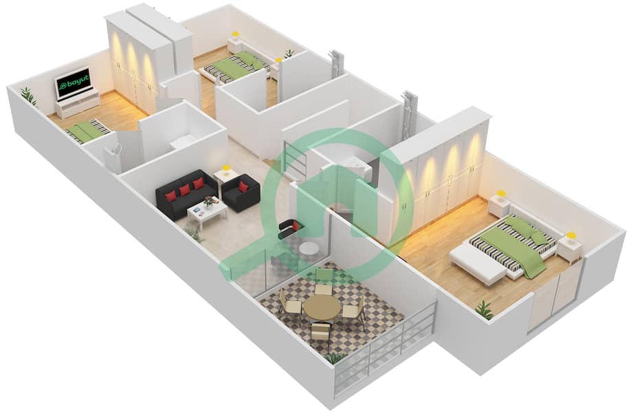中心大厦 - 3 卧室别墅类型E戶型图 interactive3D