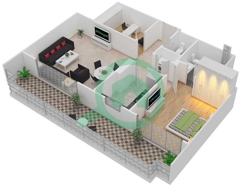 المخططات الطابقية لتصميم النموذج A شقة 1 غرفة نوم - ذا زين interactive3D