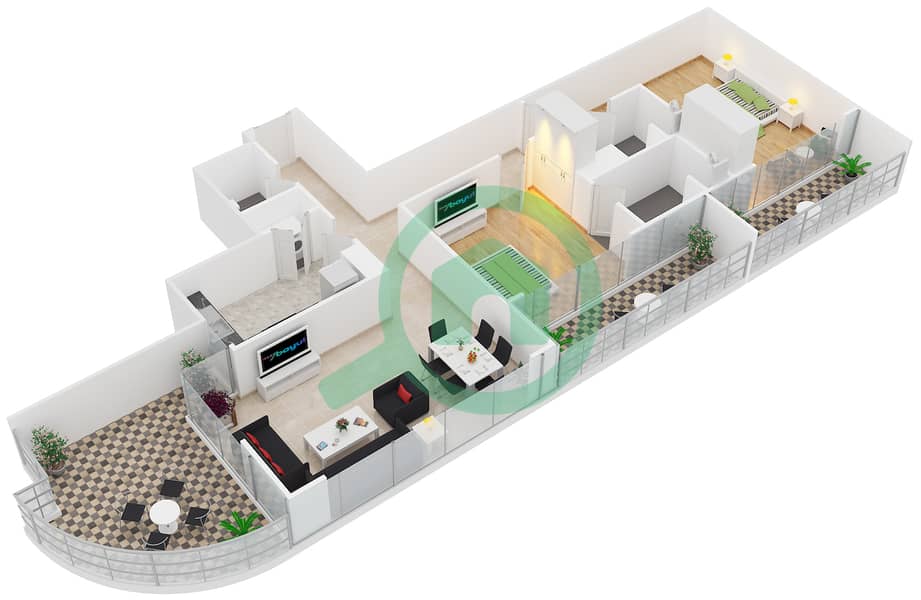 المخططات الطابقية لتصميم النموذج B شقة 2 غرفة نوم - ذا زين interactive3D