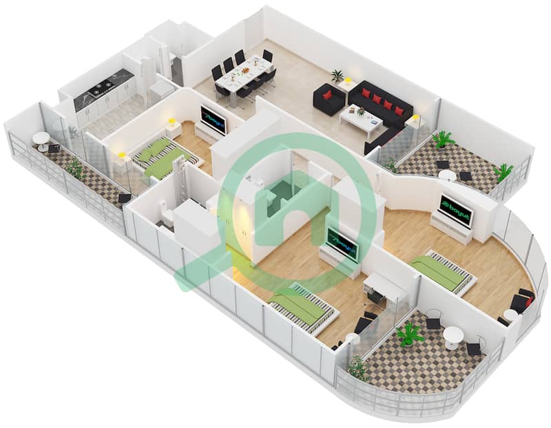 Зен - Апартамент 3 Cпальни планировка Тип C interactive3D