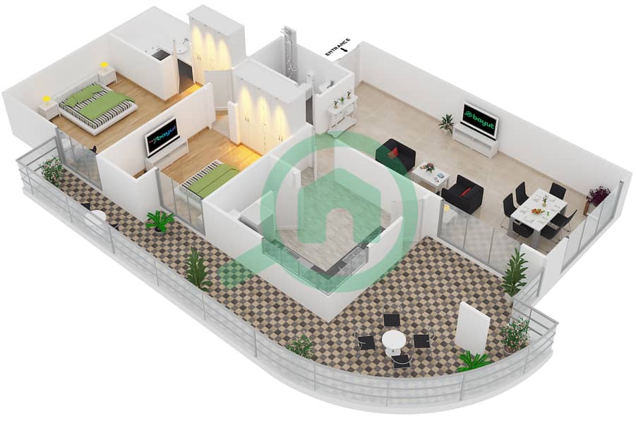 瀑布公寓大楼 - 2 卧室公寓类型6戶型图 interactive3D