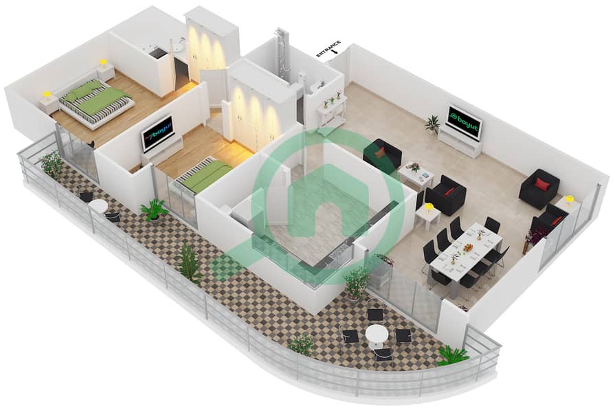瀑布公寓大楼 - 2 卧室公寓类型8戶型图 interactive3D