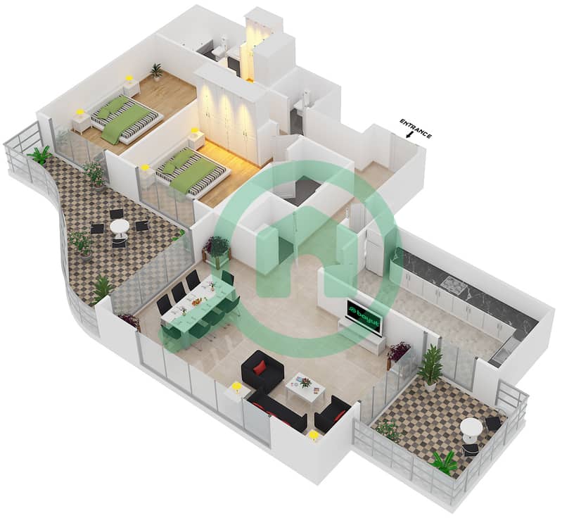 Каскадес - Апартамент 2 Cпальни планировка Тип 12 interactive3D