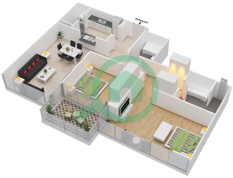 المخططات الطابقية لتصميم التصميم 2 FLOOR 2-3 شقة 2 غرفة نوم - مارينا كواي نورث interactive3D