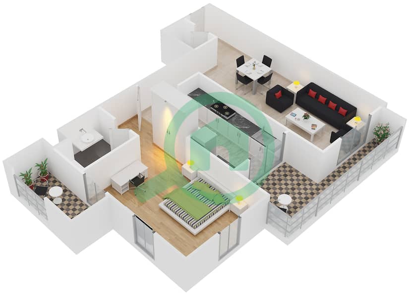 المخططات الطابقية لتصميم الوحدة 207,407,507 شقة 1 غرفة نوم - ذا بيلفيدير interactive3D