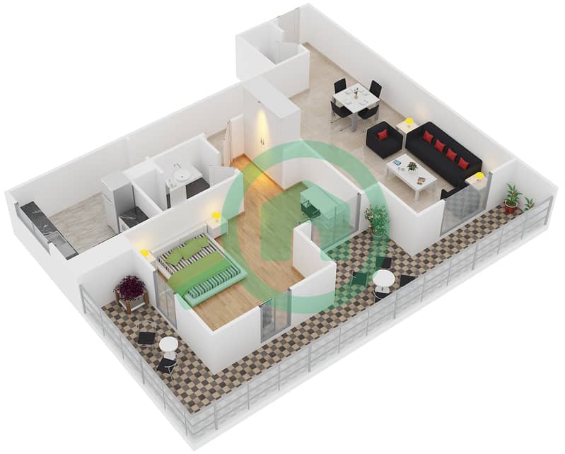 Бельведер - Апартамент 1 Спальня планировка Единица измерения 107 interactive3D