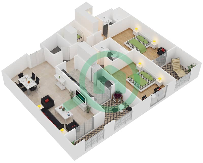 贝维德尔酒店 - 2 卧室公寓单位103戶型图 interactive3D