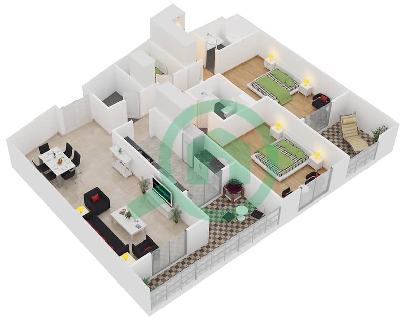 المخططات الطابقية لتصميم الوحدة 203,303 شقة 2 غرفة نوم - ذا بيلفيدير interactive3D