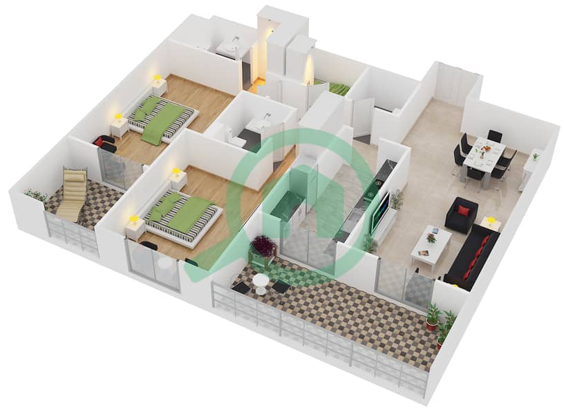 Бельведер - Апартамент 2 Cпальни планировка Единица измерения 206,306,406 interactive3D